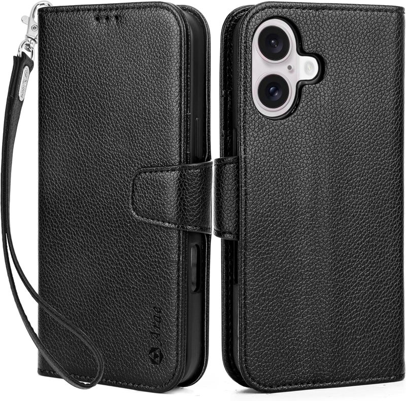 Arae Compatible with iPhone 16 Case Wallet with Card Holder, Wristlet Strap Wallet Flip Cover for iPhone 16 6.1 inch Men/Women, RFID Blocking, Kickstand,Litchi Black - Image 1